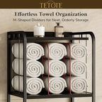 TETOTE 4-Tier Towel Rack for Bathroom M-Shaped Detachable Dividers & Hooks, Free Standing Towel Holder Bathroom Towel Storage Organizer for Pool, Kitchen, Laundry, Black