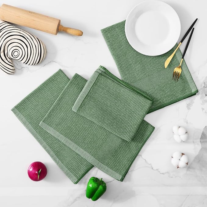 Homaxy Premium Kitchen Towels(18”x 28”, 8 Pack), Large Cotton Kitchen Hand Towels, Flat and Terry Dish Towels, 380 GSM Highly Absorbent Tea Towel Set with Hanging Loop, Grass Green