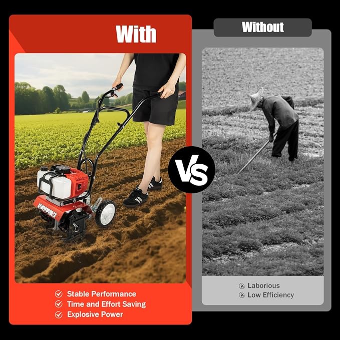 2 Stroke Tiller Cultivator, 52CC 1700W Gas Powered Garden Tiller Single Cylinder Air Cooled Tilling Machine Infinite Speed Regulation Rototiller w/4 Blades&0.22Gal Fuel Tank for Cultivation Ploughing