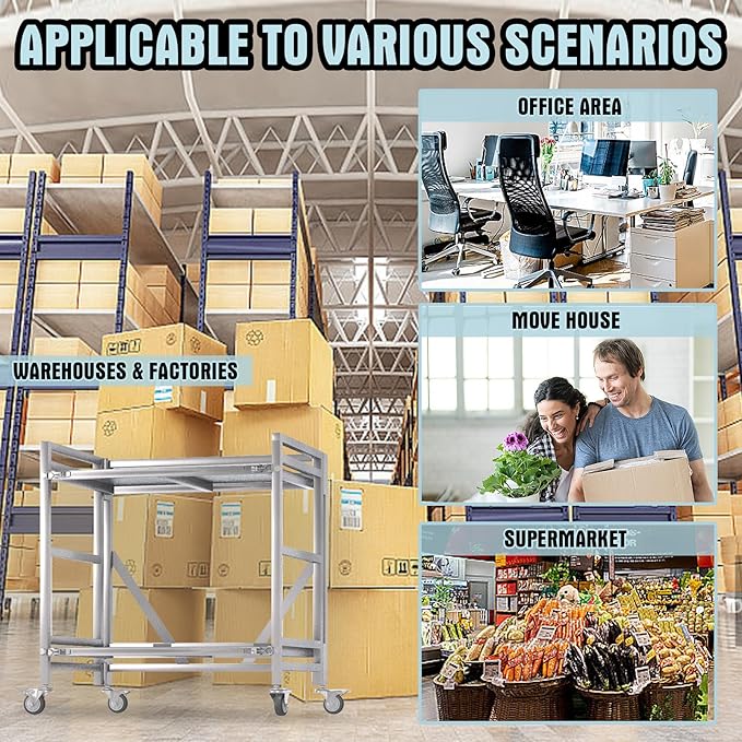 2 Shelf Rolling Cart with Wheels, 660lbs Capacity Collapsible Steel Rolling Utility Cart, Heavy-Duty Foldable Workbench, Metal Rolling Storage Cart with Handle for Groceries, Warehouse (36" Lx26 W)