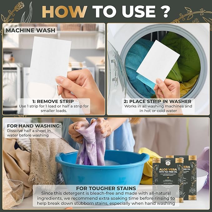Natural Laundry Detergent & Fabric Softener Sheets | Up to 100 Loads Eco-Friendly|Fragrance-Free & Hypoallergenic | Aloe Vera & Pure Tea Tree Oil | Plant-Based, Biodegradable, Enzyme Powered,Baby-Safe