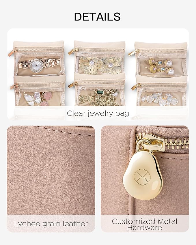 Vlando Jewelry Travel Case,Travel Jewelry Organizer with Clear Velvet Jewelry Bags 6Pcs Zipper Pouch for Women Gift Ideas for Birthday Wedding Graduation-Khaki