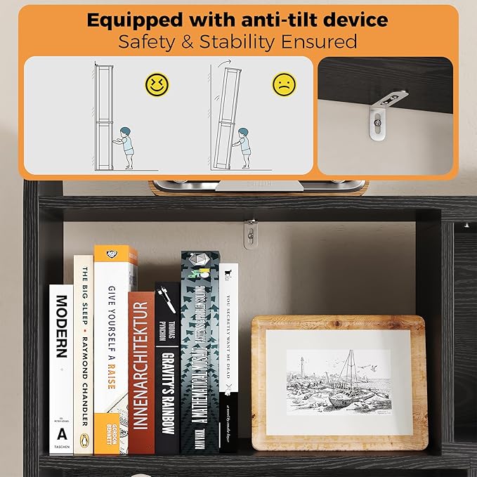 IRONCK 6 Tier Bookshelf and Bookcase with 2 Rattan Design Flip-top Storage Cabinets, 8 Cube Bookcases Display Storage Shelves Organizer for Living Room, 43.3" Black