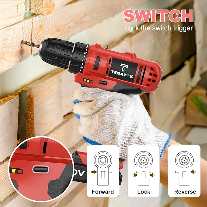 Tegatok Cordless Drill Set, 3/8 Drill Handheld Screwdriver Kit with 18+1 Torque Setting, 20V Electric Drills Tools Bit, LED Electric Power Drills with Battery and Charger, Red