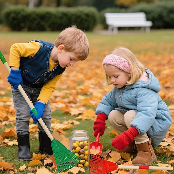 2 PCS Adjustable Kids Leaves Rakes (Green & Red, 25.2 in to 34.25 in) with 2 Pairs Gloves & 2 Orange Storage Bags, Lawn Rakes with Wooden Handle, Kids Garden Tools Set for Boys and Girls