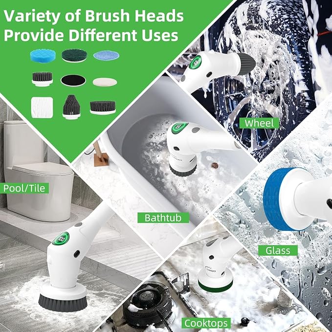 Electric Spin Scrubber, 9 in 1 Cordless Cleaning Brush with Type C USB Port, Charger, 3 Adjustable Speed, LED Display, Electric Scrubber for Cleaning Bathroom Tub Tile Floor