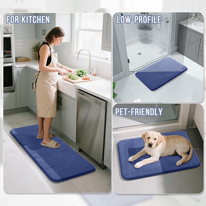 Yimobra Memory Foam Bath Mat, Super Soft Absorbent Bathroom Rug Non Slip 31.5x20 Inch, Quick Dry, Machine Washable Floor Carpet for Tub Shower, Home Decor Accessories, Navy Blue