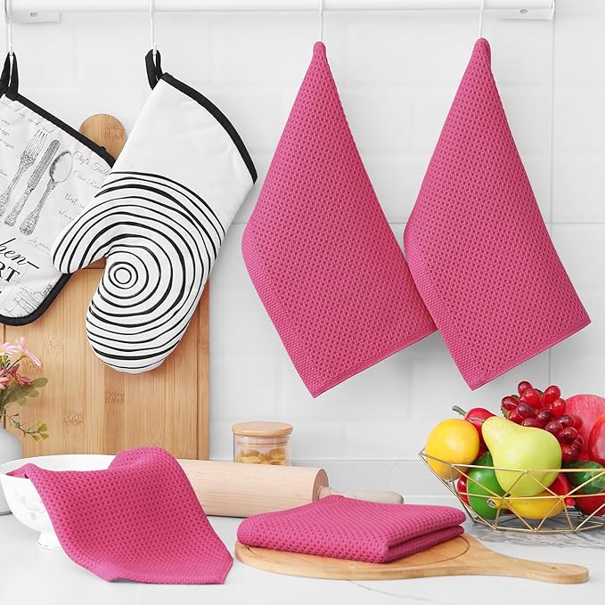 Homaxy 100% Cotton Waffle Weave Kitchen Dish Cloths, Ultra Soft Absorbent Quick Drying Dish Towels, 12 x 12 Inches, 8-Pack, Hot Pink