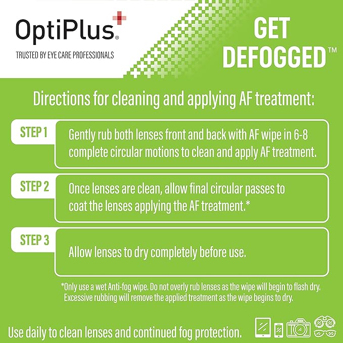 OptiPlus Anti Fog Pre-Moistened Cleaning Wipes for Glasses, Screens, Lenses - Quick-Dry, Scratch-Free, 100 Count