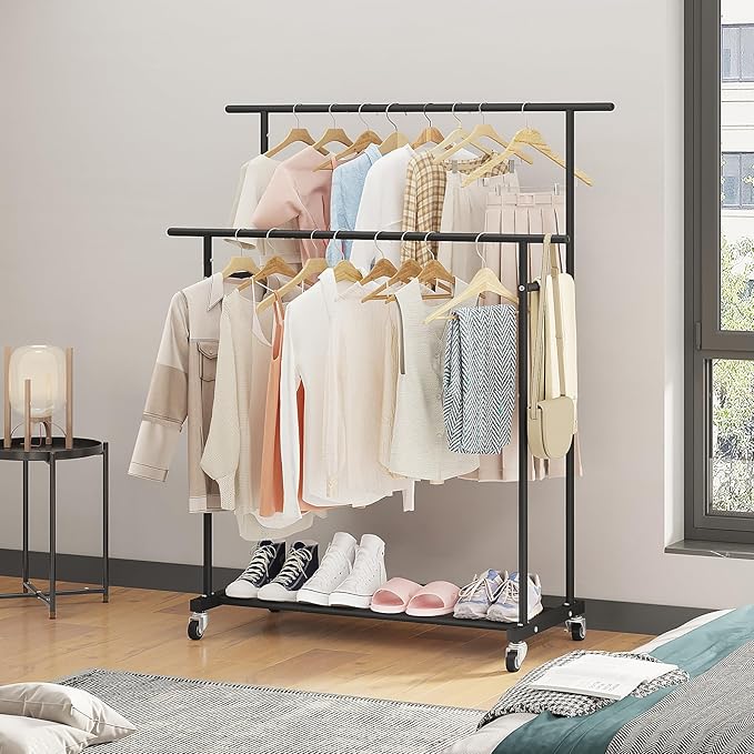 Calmootey Double Rod Clothing Garment Rack,Rolling Hanging Clothes Rack,Portable Clothes Organizer for Bedroom,Living Room,Clothing Store,Black