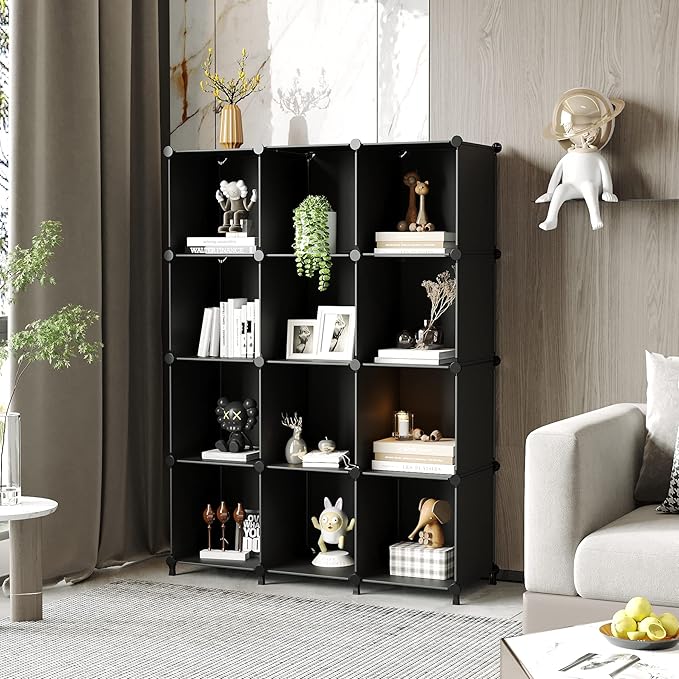 AWTATOS Cube Storage Organizer Closet Storage Shelves DIY Stackable Plastic Storage 12 Cube Bookshelf, Ideal Storage Organizer for Closet, Home, Bedroom, Black