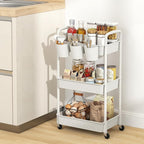 MOYIPIN 3-Tier Plastic Rolling Utility Cart with Handle,Utility Storage Cart for Office, Living Room, Kitchen,Movable Storage Organizer Shelves,White with 4 Hanging Cups