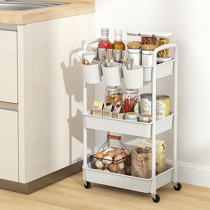 MOYIPIN 3-Tier Plastic Rolling Utility Cart with Handle,Utility Storage Cart for Office, Living Room, Kitchen,Movable Storage Organizer Shelves,White with 4 Hanging Cups