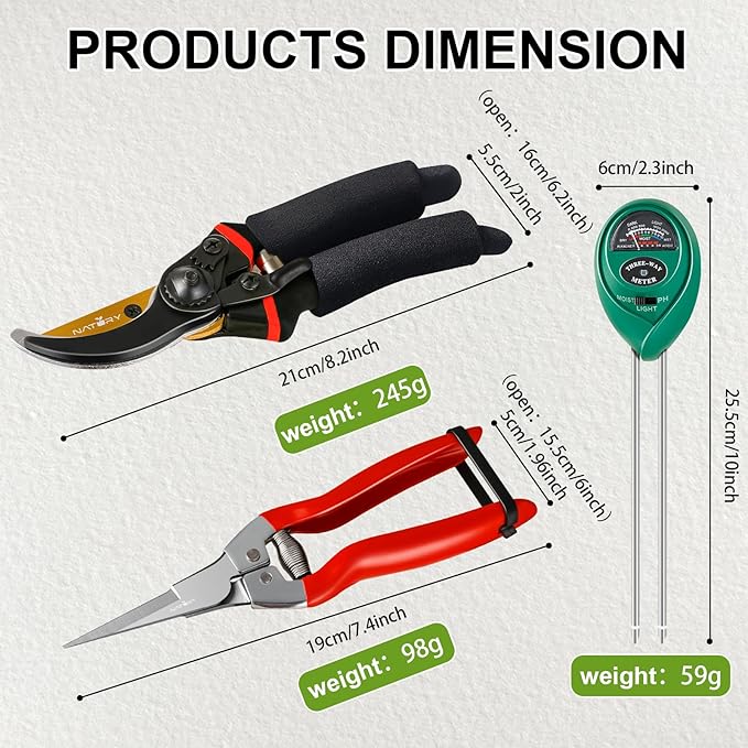 Bypass Pruning Shears Set with Garden Snips and Soil Moisture Meter – Premium Titanium Pruning Shears Heavy Duty, Micro-Tip Flower Shears – Professional Pruning Shears for Gardening