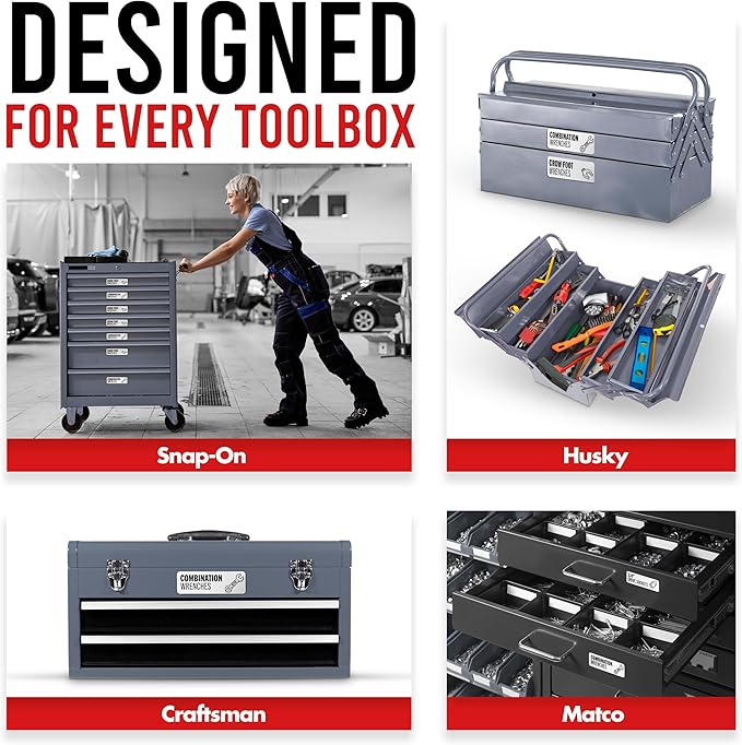 Toolbox Organization Magnetic Labels-80 Large Tool Chest Organizer Labels-Strong Magnets-Fits All Brands of Steel Tool Box Drawers(White 3.125x1.0 in)
