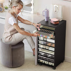 WOPITUES Plastic Storage Drawer Cart, Makeup Organizer and Storage with 10 Large Clear Drawers, Utility Wooden Rolling Cart on Wheels, for Cosmetic, Art Craft, Parts, Office Supplies, Toy, Black