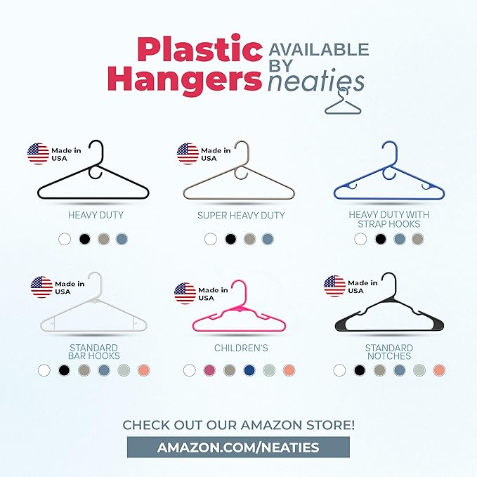 Neaties Plastic Hangers 15 Pack - Made in the USA - 6lb Capacity Standard Clothes Hangers with Strap Hooks for Dresses, Lingerie, Shirts, Pants, and Jackets - White & Gray