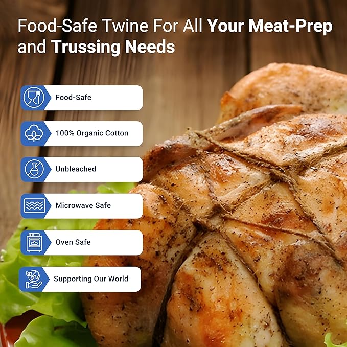 Organic Butcher’s Twine for Cooking & Trussing – 1.2mm Heavy-Duty Natural Cotton Kitchen Twine 500 Feet – Food-Safe, Oven-Safe String for Meat, Turkey, Baking, & Crafts