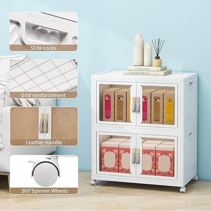 Large Clear Stackable Storage Bins with 2 Lids, 270QT-45QT*6Tier Foldable Cabinet for Closet Organizers, Plastic Storage Box with Wheels White