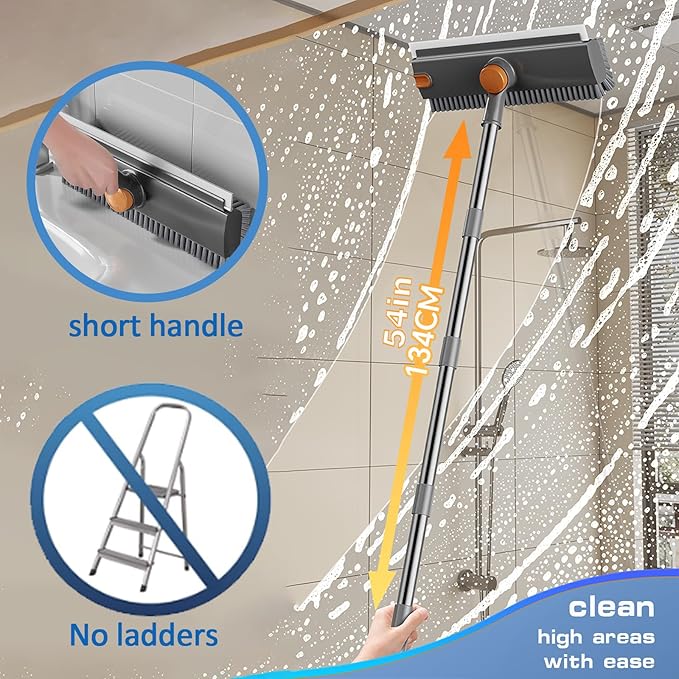 Floor Scrubbing Brush with Squeegee,2 in 1 Grout Brush with 54" Adjustable Long Handle,V-Shape Stiff Brush Bristle,360°Rotation,Bathroom Cleaning Brush for Tile,Deck,Garage,Kitchen,Swimming Pool,Grey