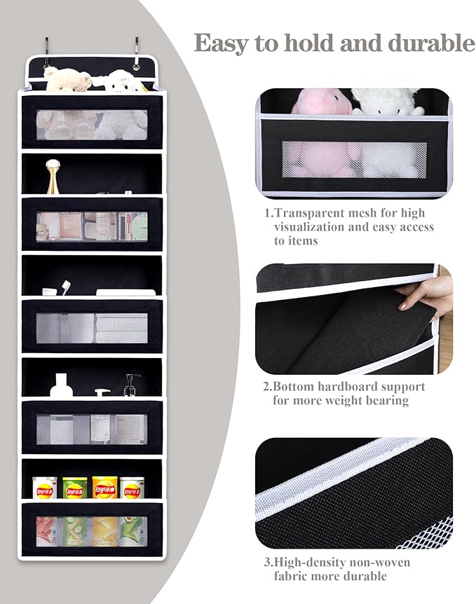 Over Door Hanging Storage Organizer, 5 Large Pockets, 10 Mesh Pockets,Black, 44 lbs Capacity (Black)