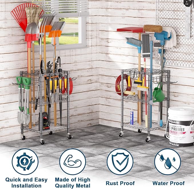 T1 Garden Tool Organizer（with Lockable Wheels） Heavy Duty Garage Tool Storage for Yard，Shed，Outdoor and Lawn，Freestanding Tool Organizers and Storage UP to 50 Tools，Grey with Anti-Tip Device