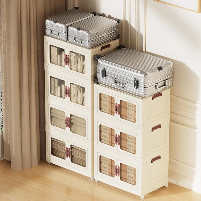 Stackable Storage Bins, Folding Storage Bins with Lids and Doors, Open Front Folding Storage Box with Wheels Plastic Storage Containers (4 Tier (Side Windows Not Visible), 55 Qt)