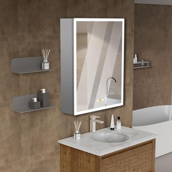 20”W x 26”H Medicine Cabinets for Bathroom with Mirror, Surface Mounted LED Medicine Cabinets Organizer with Defogger, Dimmer, Outlets & USB, Single Doors