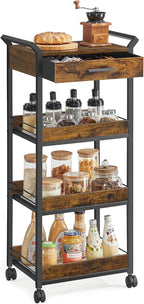 VASAGLE Storage Cart, 4-Tier Rolling Utility Cart with Table Top, Handles, 4 Lockable Casters, Top Drawer, Mesh Shelves, for Kitchen, Bathroom, Bedroom, Rustic Brown and Ink Black ULRC049K01