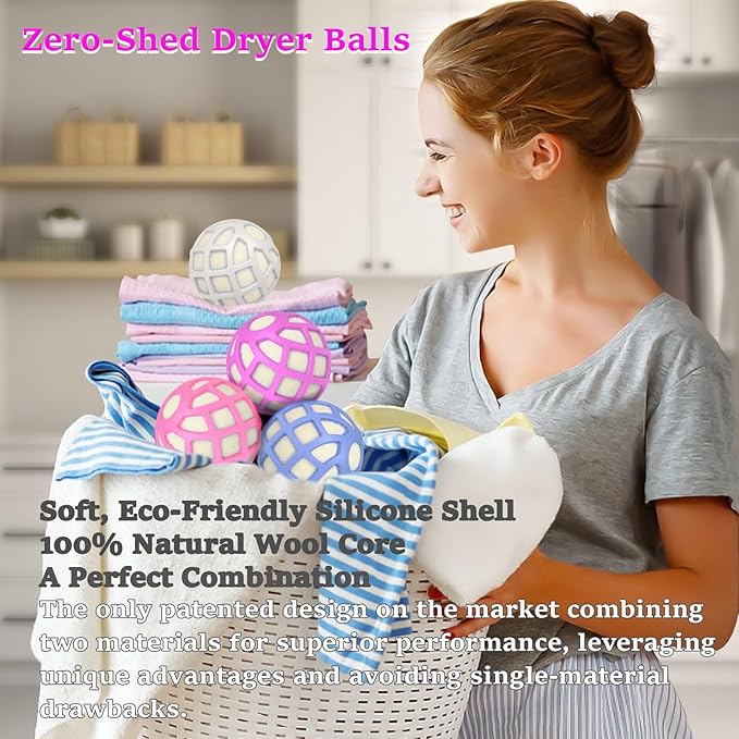 Dryer Balls – Patented Silicone Guard, Natural Wool Core, Super Anti-Tangle & Saves Drying Time, Reduces Static & Noise, Natural Fabric Softener, XL 3" (Pink Light Blue, Pack of 4)