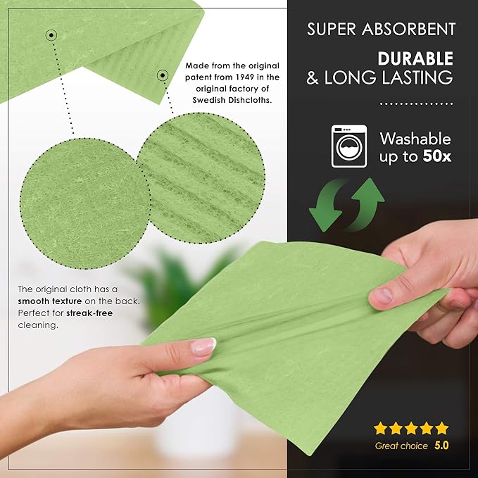 SUPERSCANDI 10 Pack Swedish Dishcloths for Kitchen - 100% Biodegradable & Compostable Reusable Paper Towels Washable, Food-Safe & Without Plastic - Dish Rags Suitable for Any Surface, Apple Green