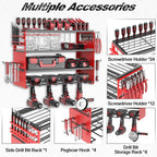Power Tool Organizer Wall Mount, 4 Layers Tool Storage Rack with 2 Side Red Pegboards, 4 Drill Bit Rack,Heavy Duty Metal Garage Tool Shelf Organize for Workshop Garage Tool Room
