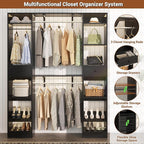 Unikito 58-90 Inch Closet System, Large Walk in Closet Organizer with 3 Hanging Rods and Shelves, Heavy Duty Wood Closets Wardrobe with 2 Drawers & Shoe Rack, Sturdy Reversible Clothing Rack, Black