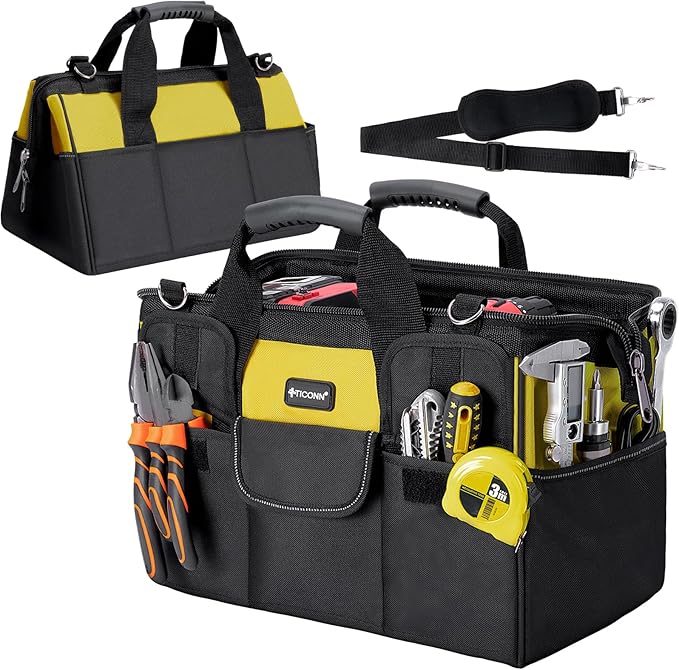 TICONN Heavy Duty Tool Bag with Multi-Pockets, Portable Tool Box Organizer Storage Bag, with Adjustable Shoulder Strap and Ergonomic Handle (Yellow, 14" Standard Base)
