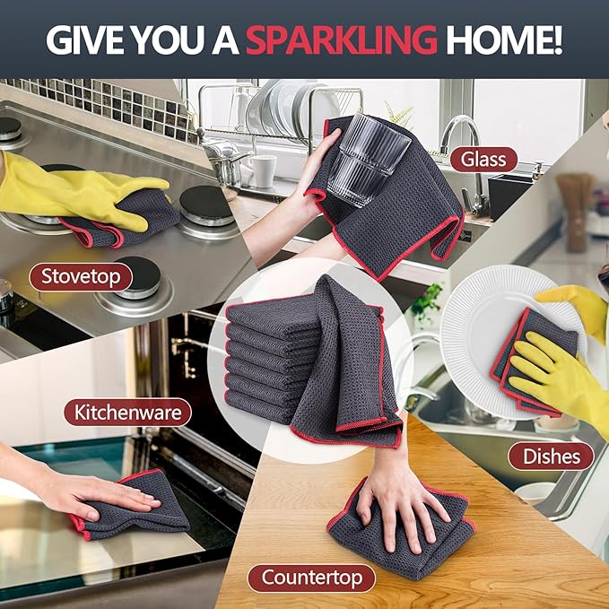 Airlab Microfiber Cleaning Cloth Waffle Weave Dust Rags for Household Kitchen Towel Absorbent Quick Drying Cleaning Rags Streak Free Lint Free, 6 Pack,12 x 12 Inches, Grey