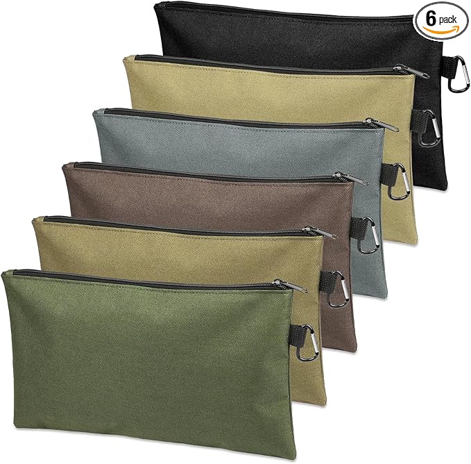 Tool Bag Zipper Pouch, Premium Tool Pouch, Utility Multipurpose Storage Organizer Tool Pouches with Carabiner Metal Zipper for Tools (6 Pack, Tan, Navy Green, Black, Light Brown, Grey, Mocha)