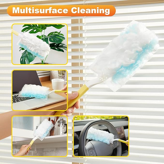 JOYMOOP Disposable Duster for Cleaning, with 1 Handles & 48 Ct Blue Heavy Duty Refills for Swiffer Feather Duster, Household Cleaning Tool for Electronics, Dusting Furniture, Blinds, Pet Hair