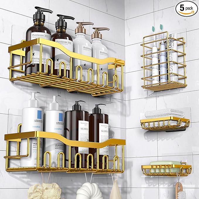 5-Pack Rustproof Stainless Steel Shower Caddy – No Drill Adhesive Bathroom Organizer with Large Capacity, Spacious Shower Shelves for Inside Shower, Kitchen & Home Decor Storage-XL Size
