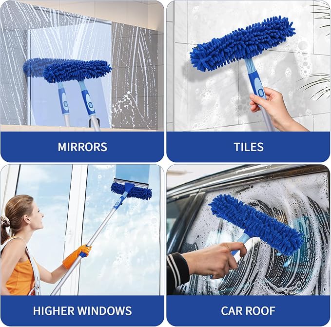 LOMIDA Professional Window Squeegee Kit - 62" Lightweight Aluminum Pole, 2 in 1 Rotatable Window Cleaning Tool Kit with Extension Pole Cleaning with Bendable Head for Car/Shower/High Windows