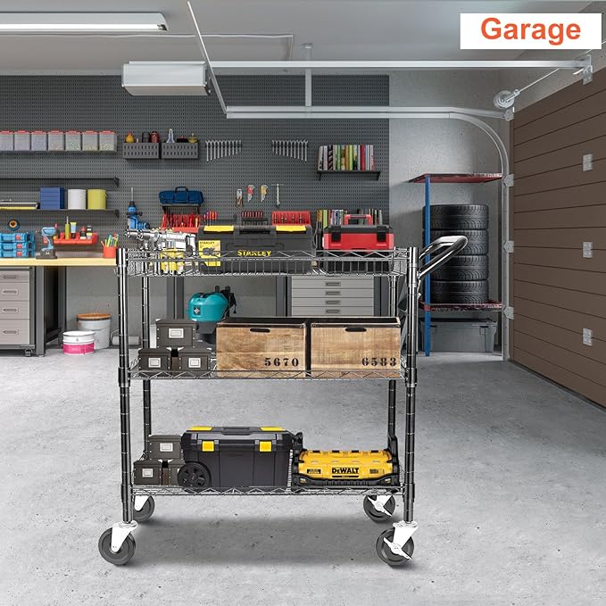 Heavy Duty Utility Cart, 990Lbs Capacity 3 Tier Rolling Carts with Wheels, Kitchen Cart on Wheels with Storage, Commercial Grade Metal Serving Carts with Wire Shelving &Handle Bar, Black