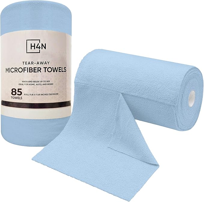 H4N Microfiber Cleaning Cloth Roll, 85 Pack Tear Away Towels, Lint Free, Absorbent, Streak Free, Non-Abrasive, Reusable and Washable Dish Rags for Car and Household Supplies, 11.81x11.81 Inches (Blue)