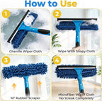 JTIEO 69'' Squeegee for Window Cleaning, 2-in-1 Window Squeegee Cleaner Tool with Extension Pole & Rotating Head, Blue Window Cleaning Kit for Shower Cleaner, Indoor & Outdoor Glass, High Window, Car