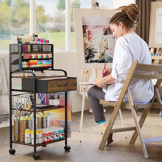 Art cart, 3 Tier Rolling Cart - Utility Cart with Storage Drawer and Wheels, Versatile Art & Craft Organizer for Home, Office, or Studio Ideal for Storing Brushes, Paints （Brown）