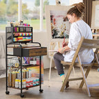 Art cart, 3 Tier Rolling Cart - Utility Cart with Storage Drawer and Wheels, Versatile Art & Craft Organizer for Home, Office, or Studio Ideal for Storing Brushes, Paints （Brown）