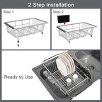 Over the Sink Expandable Dish Drainer Drying Rack In Stainless Steel for Small Kitchen, Counter Space Saving Modern Compact Metal Above Plate Dryer Strainer, Adjustable Hanging Inside Drain Holder