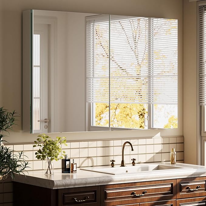 Bathroom Medicine Cabinet Mirror with Storage, 40 Inch x 26 Inch Silver Medicine Cabinet with Double Door & Adjustable Shelves for Vanity, Aluminum Surface, Wall-Mount or Recessed