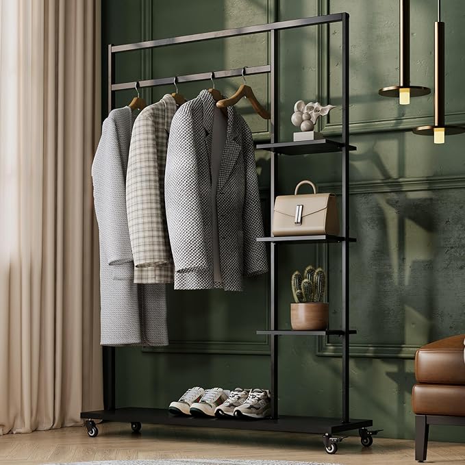 Clothing rack with shelves,Heavy Duty clothes rack with wheels,Rolling Garment Rack for hanging clothes with 4 flank Shelves,Portable Wardrobe Closets Organizer for Bedroom/Boutique/Cloakroom