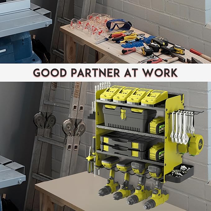 Power Tool Organizer with Charging Station, 4 Layers Drill Holder Wall Mount,Metal Garage Rack with 10A Power Strip,Tool Shelves with Hooks,Drill Bit Storage, for Men Dad (Green&Black)