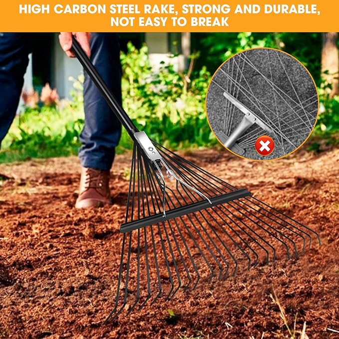 46 HRC Steel Gardening Leaf Rake, 22 Tines 22.8" Wide,Adjustable Split Long Handle 33-67",Suitable for Raking Leaves and Lawn Tidying,Garden rake and thatch rake Suitable for Adults