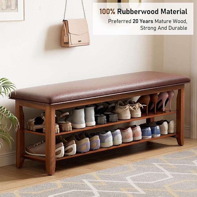 Shoe Bench with Leather Cushion,Burnt Wood Shoe Organizer Bench for Entryway, Rubberwood Entryway Bench for Hallways, Front Doors, Entrances, Mudrooms (Two Floors, 47.2)